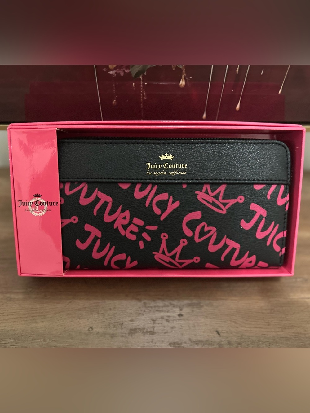 Juicy Couture Black & Pink Graffiti Logo Wallet with Gold Foil Logo
